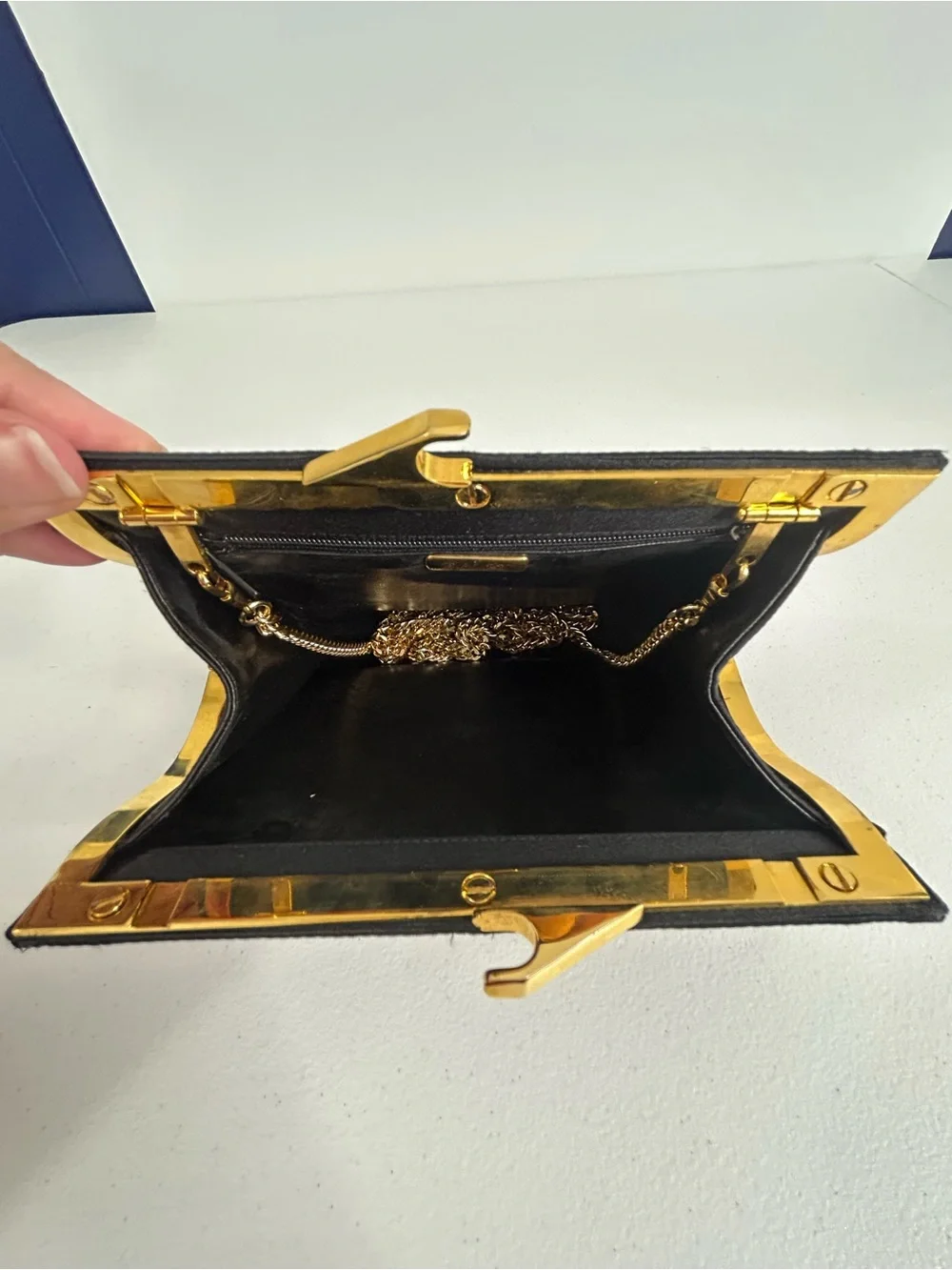 Bally Vintage Black Satin Evening Bag Gold Chain Kiss Lock Clutch Made in Italy